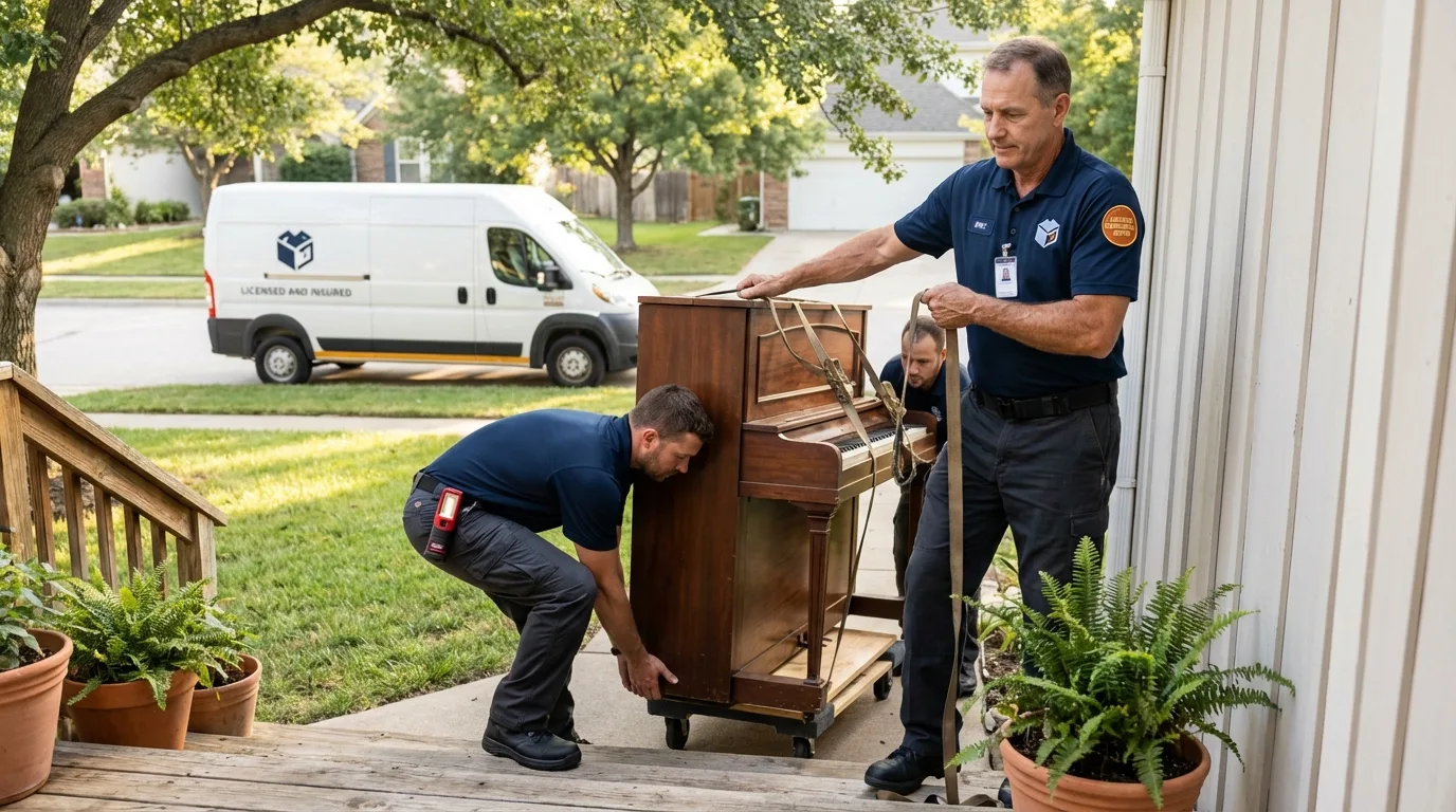 Licensed piano movers securing grand piano in Stanfield, OR