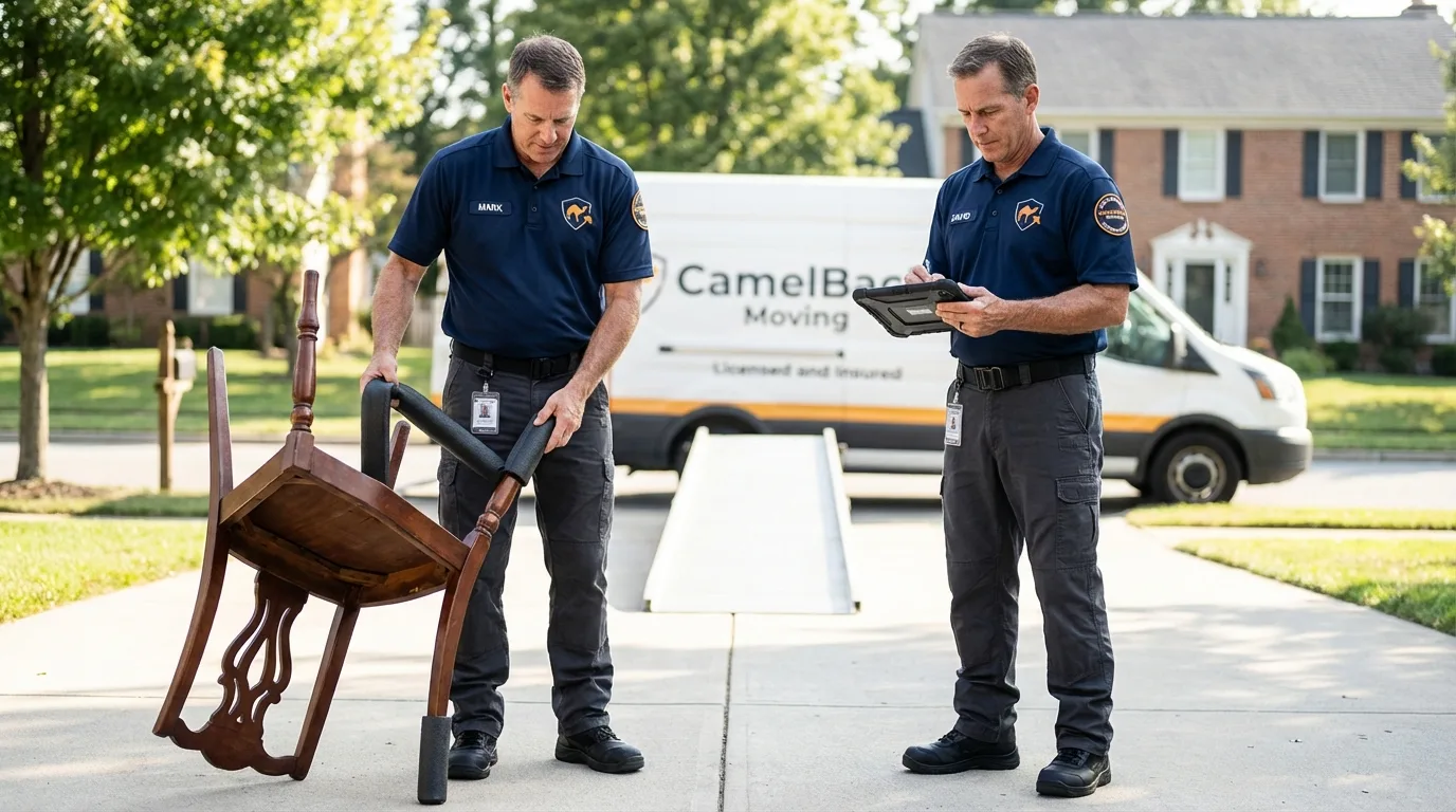 Movers inspecting furniture for damage prevention before loading in Stanfield, OR